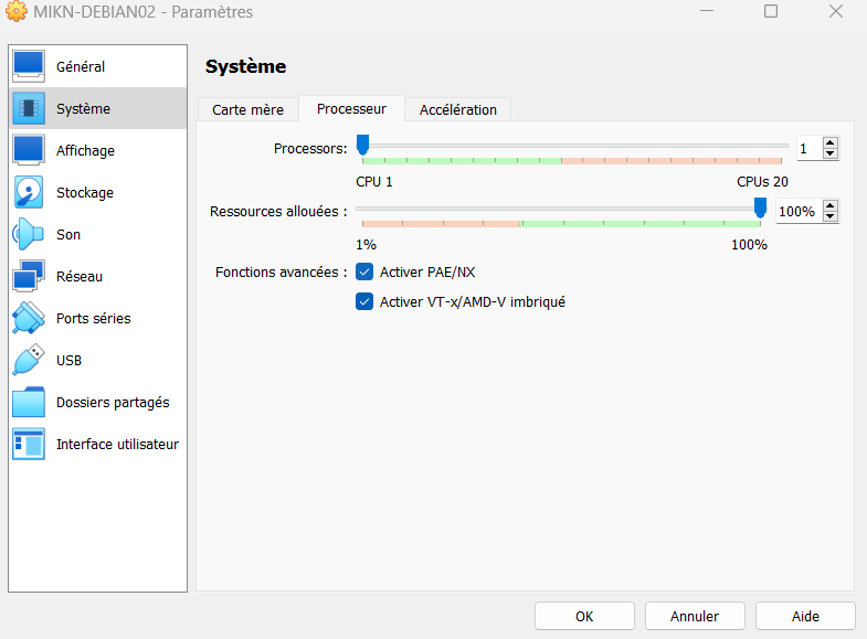 Options de virtualisation pour améliorer les performances sur VirtualBox