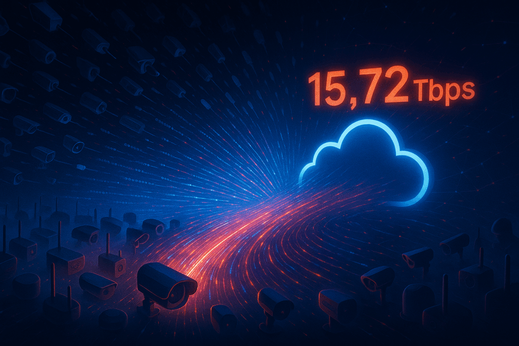 Illustration de l’attaque DDoS record à 15,72 Tbps menée par le botnet IoT Aisuru utilisant des routeurs et caméras de surveillance compromis.