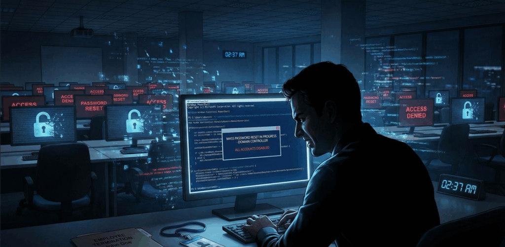 Illustration d’une cyberattaque interne menée par un employé licencié ayant réinitialisé des milliers de mots de passe via un script PowerShell.