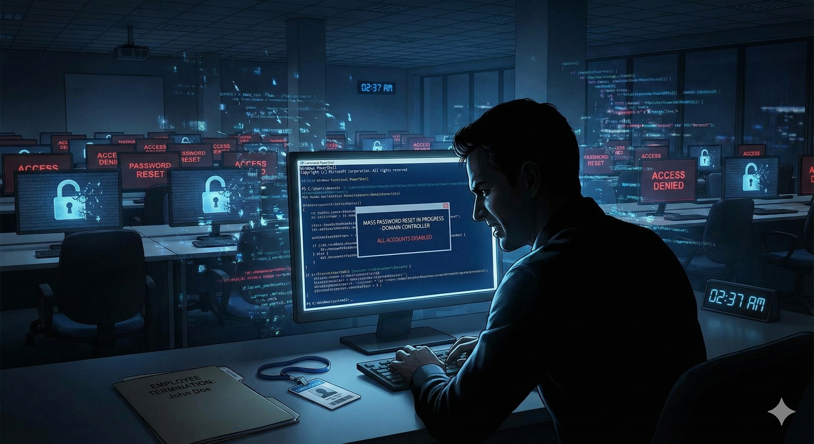 Illustration d’une cyberattaque interne menée par un employé licencié ayant réinitialisé des milliers de mots de passe via un script PowerShell.