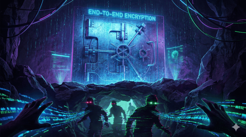 Illustration conceptuelle montrant comment les pirates contournent la sécurité de Signal et WhatsApp sans briser le chiffrement, en ciblant directement l'appareil mobile.