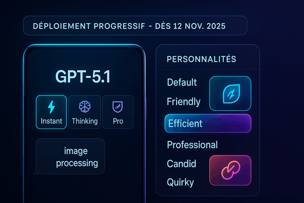 Interface illustrant GPT-5.1 avec options Instant, Thinking, Pro et personnalités personnalisables