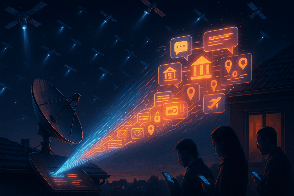Illustration de la vulnérabilité des communications satellites montrant des données non chiffrées interceptables depuis la Terre.