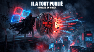 Nightmare Eclipse publie 6 failles zero-day Microsoft en direct — exploit Windows cyberpunk, figure anonyme lâchant des fichiers de code