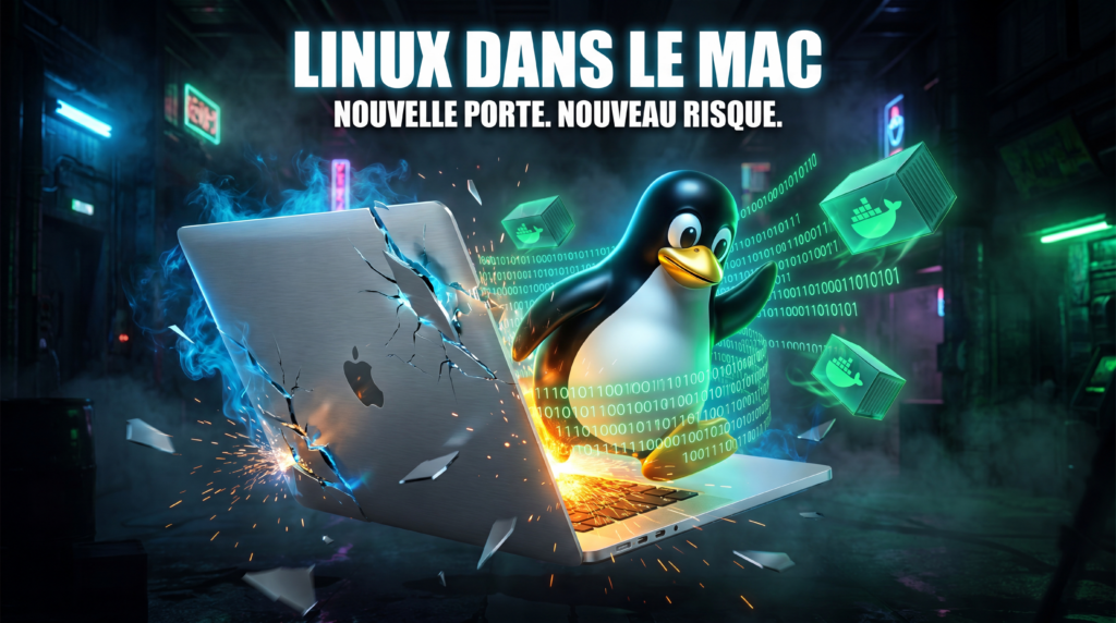 Apple Container 1.0 Linux sur Mac — penguin Tux émergent d'un Mac cyberpunk, sécurité et virtualisation