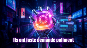 Cinematic cyberpunk illustration, 16:9 format. A glowing Instagram logo being cracked open by a robotic AI hand. Dark neon background with blue and purple tones. A holographic chatbot interface in the background. Floating text overlay: "Ils ont juste demandé poliment". Hyper-realistic, high contrast, editorial magazine style.