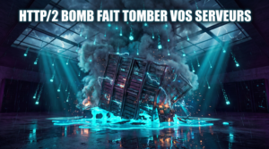 Cinematic digital art, ultra-detailed. A massive server rack collapses and melts into a puddle of neon-blue liquid, surrounded by thousands of tiny glowing packets raining down like digital bombs from a dark stormy sky. The room is bathed in cold cyan and deep purple light, smoke rising from burning circuits. Bold white glowing text reads: "HTTP/2 BOMB FAIT TOMBER VOS SERVEURS" Style: hyper-realistic cyberpunk, dark atmosphere, cinematic lighting, 4K, 16:9. --ar 16:9 --style raw --v 7